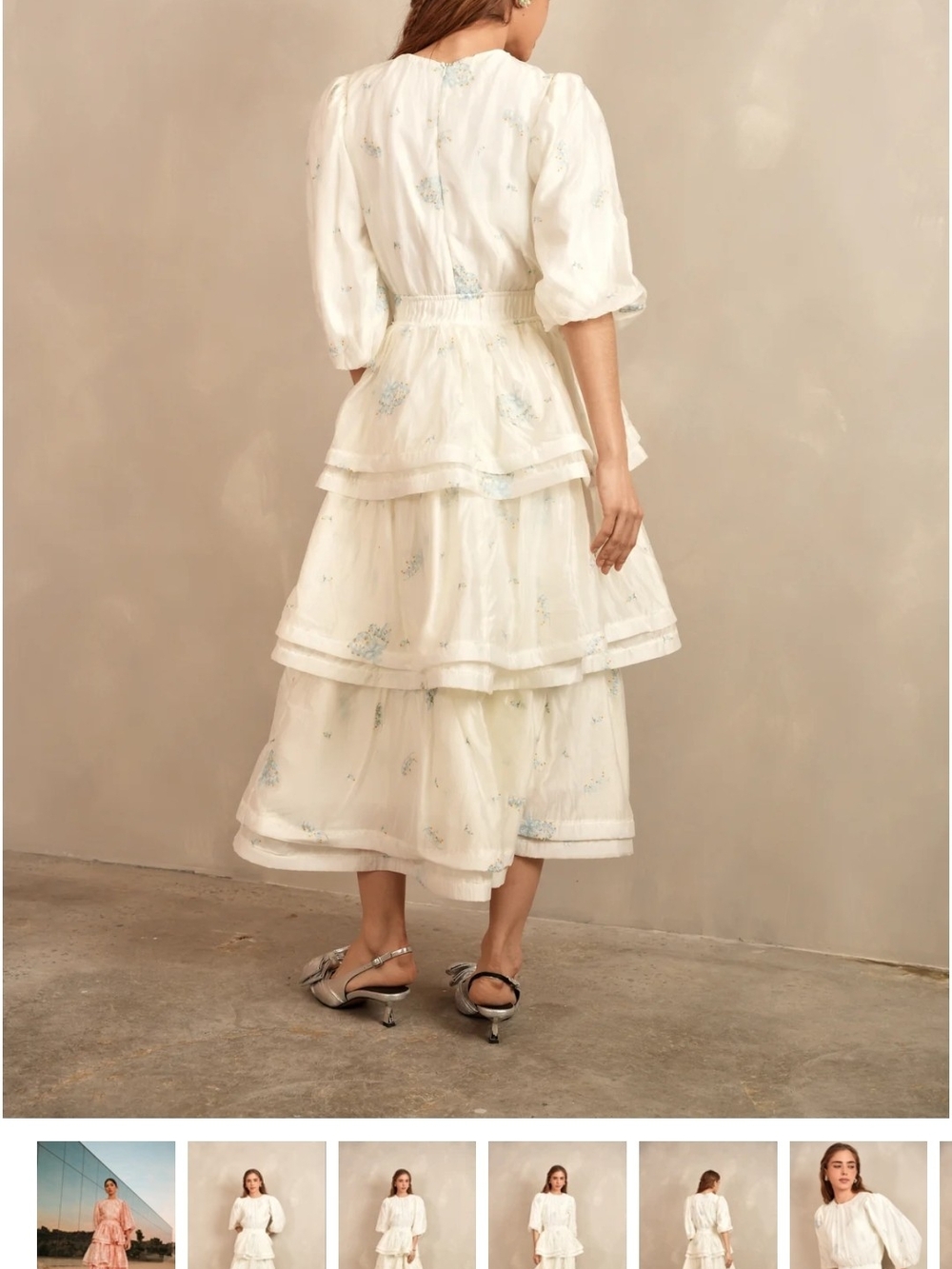 Ivory Tiered Maxi Skirt with Delicate Blue Floral Print - Picture 2 of 5